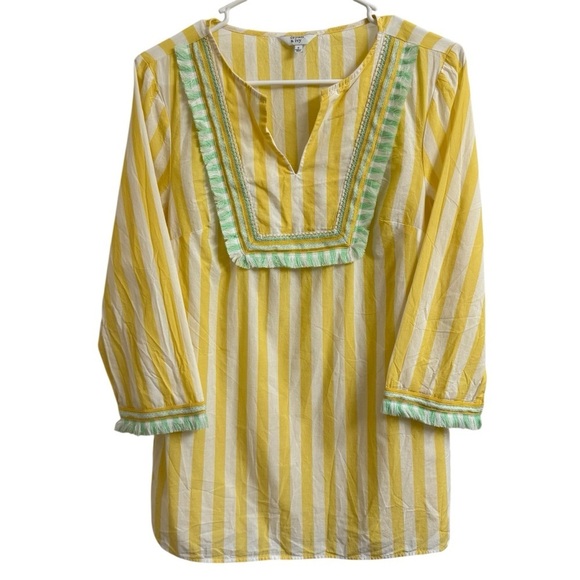 crown & ivy Tops - Crown & Ivy Womens Sz S Yellow White Striped Mint Fringe Beaded Tunic Top Blouse
